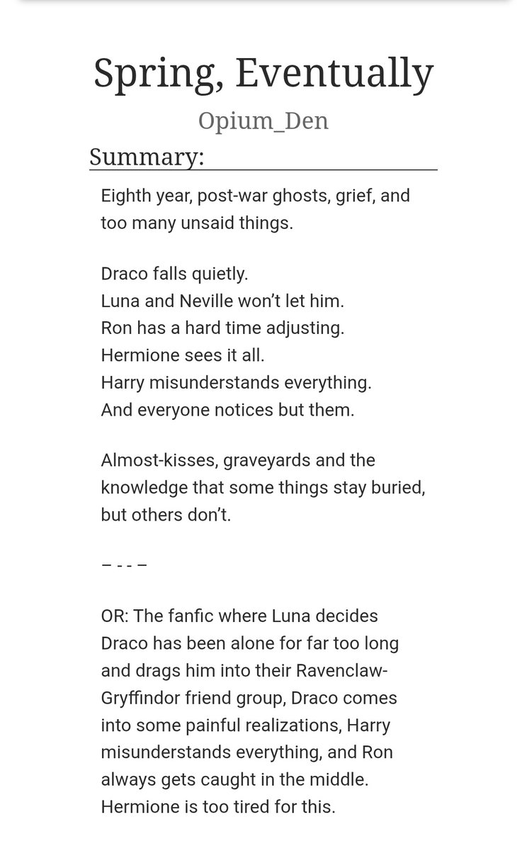 Opium_Den20's tweet photo. #hpdm slow-burn AO3 fanfiction in progress. #SpringEventually #drarry #harco #SpringEventuallyAO3

https://t.co/jtVE90z5mx

Do mind the tags!!!!!!!!

Hopefully updates will be quick! I'm already working on the next chapters ;) https://t.co/DDiLXkHfms