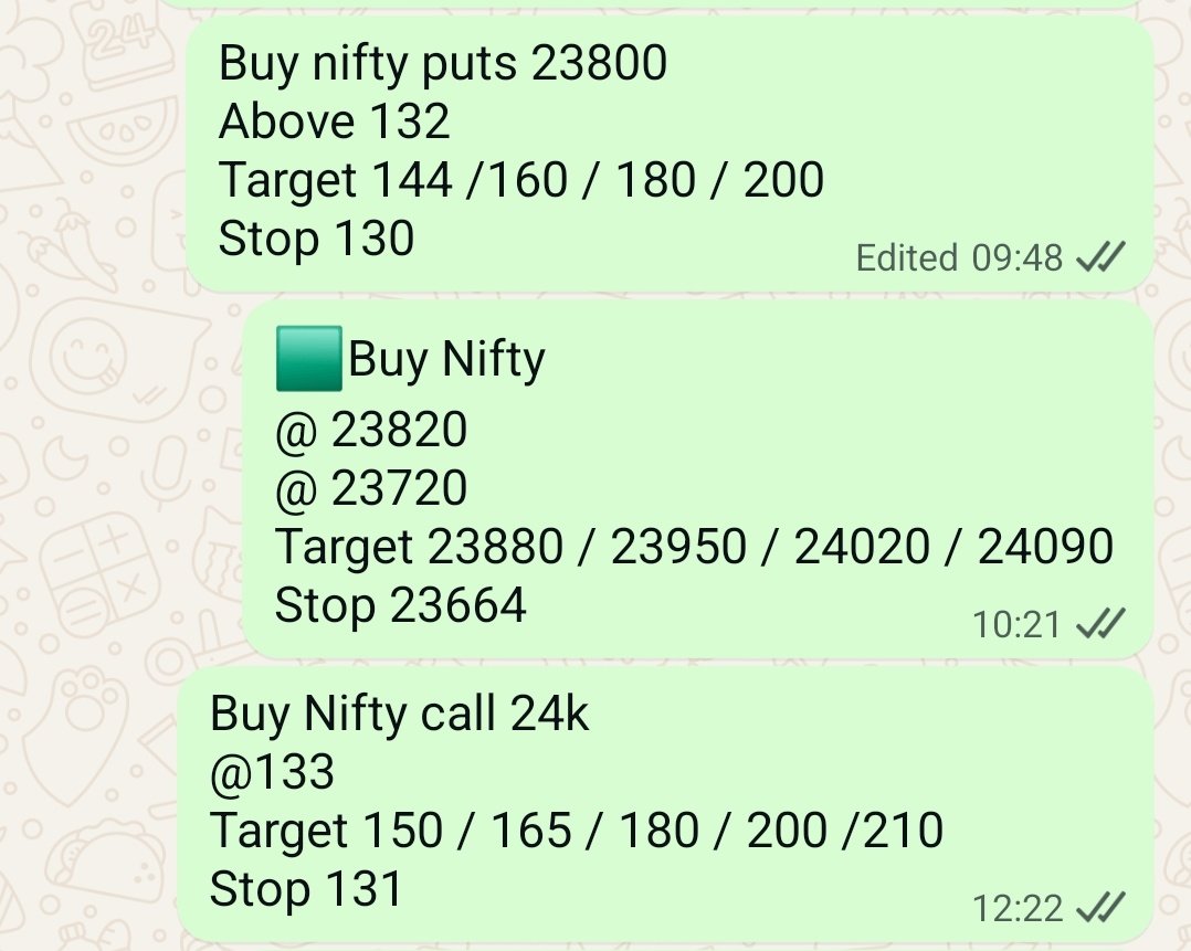 pratik484's tweet image. Today 3 trades given &amp;amp; all became blockbuster
Morning 23800 puts from 132 to 207 +75 point
Later 24k call from 133 to 240 +107 point
Nifty call from 23820 to 24087 +267 point
Total 450 point gain
#nifty #niftyfifty #nifty50 #niftyfuture #niftycrash #stockmarketindia #niftyoptions