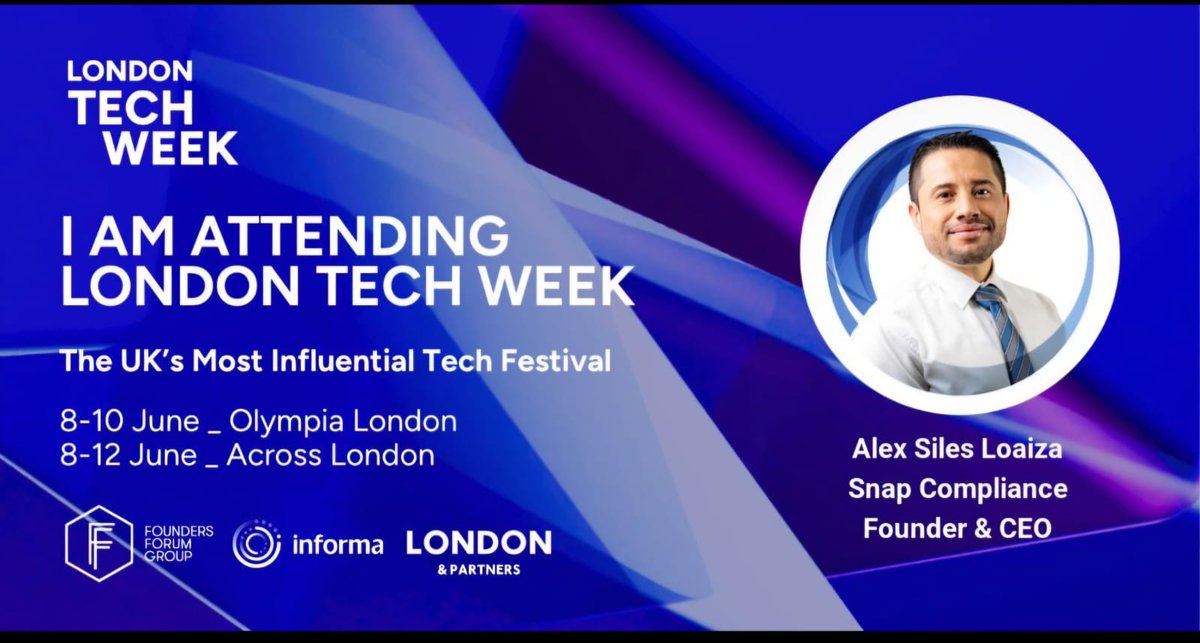 SnapCompliance's tweet photo. 🚀 ¡Es oficial!

Nuestro CEO &amp; Co-Founder, Alex Siles Loaiza, estará en London Tech Week 2026 🌍
💡 Innovación que transforma negocios
🤝 Conexiones en el mundo de la IA
🚀 Startups que redefinen industrias
Apostamos por el futuro tecnológico y regulatorio.
Junio 2026 https://t.co/b3DC7ss0DD