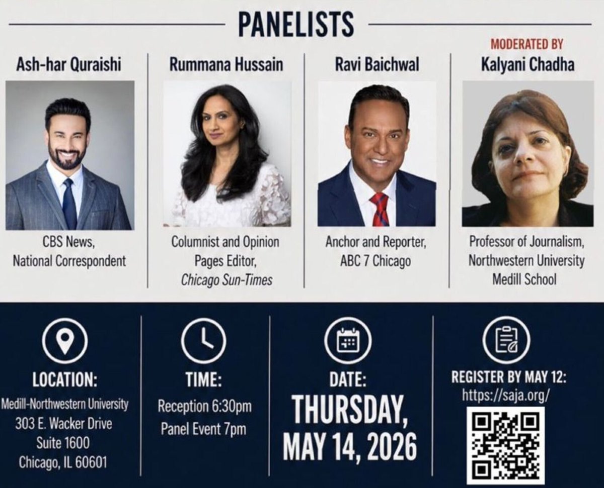 sajahq's tweet photo. SAJA is so stoked to be hosting an incredible panel discussion in Chicago on Thursday, May 14! 

The Fourth Estate Under Pressure: Journalism at a Crossroads will explore how the Fourth Estate can maintain credibility and hold power accountable in an increasingly fragmented media landscape. Panelists will address the challenges reshaping the news industry and consider their broader implications for the future. REGISTER HERE: https://t.co/iyaGszveX0