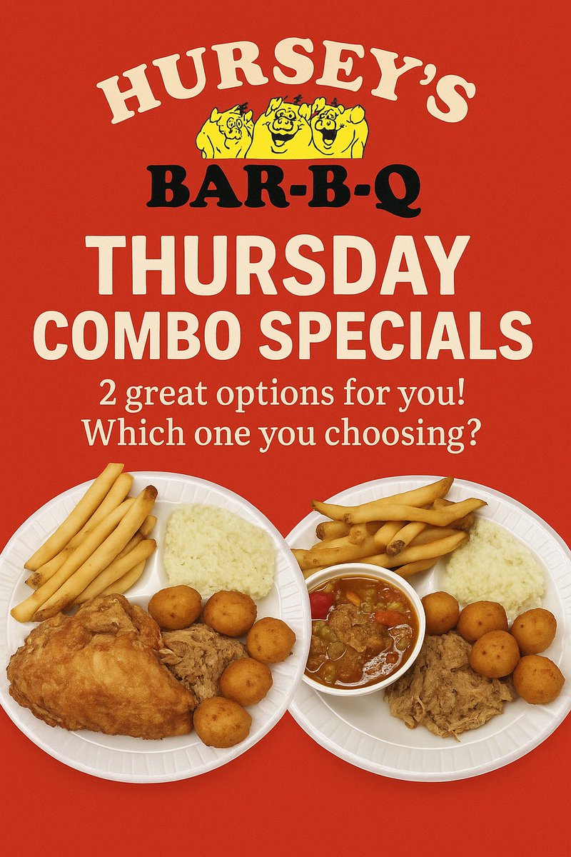 HurseyBBQ's tweet image. 🔥 Thursday Hunger? We Got You! 🔥
 We are serving up 2 mouth-watering specials you won't want to miss:
BBQ &amp;amp; Chicken served with coleslaw, fries, and hushpuppies.
or
BBQ &amp;amp; Brunswick Stew served with coleslaw, fries, and hushpuppies.

#HurseysBBQ
#BBQ
#BrunswickStew
#slaw