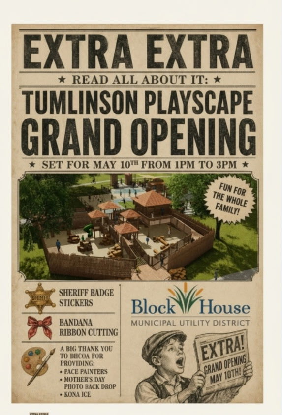 BlockHouseMUD's tweet photo. 🗞️ EXTRA! EXTRA! READ ALL ABOUT IT!🗞️
The Tumlinson Playscape Grand Opening is happening on May 10th from 1 PM – 3 PM!🎉 Bring the whole family out for an afternoon of celebration, fun, and community excitement. https://t.co/542adVk4k0