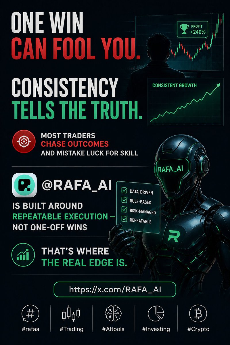Sumairamal1375's tweet photo. One win can fool you.
Consistency tells the truth.
Most traders chase outcomes
and mistake luck for skill
@RAFA_AI is built around repeatable execution not one-off wins
That’s where the real edge is.
https://t.co/AzvAbAnWJI
#rafaa #Trading #AItools #Investing #Crypto https://t.co/6RAnqZmuOy