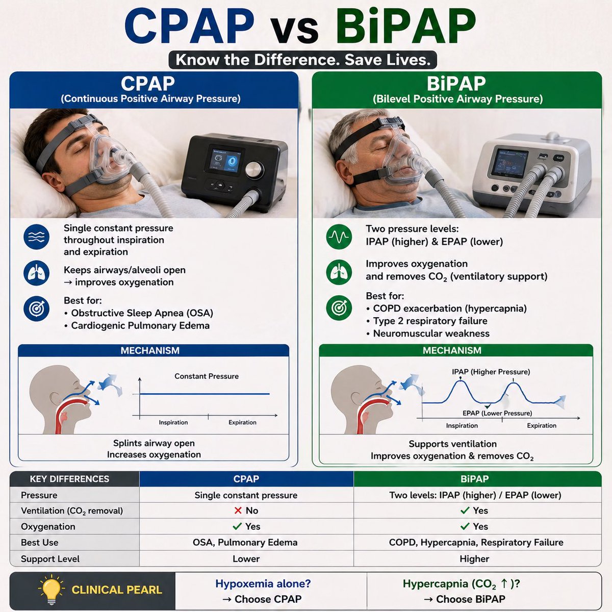 🫁 CPAP vs BiPAP — Know the difference

🔵 CPAP → single pressure → oxygenation
🟢 BiPAP → dual pressure → ventilation + CO₂ removal

📌 Hypoxia → CPAP
📌 Hypercapnia → BiPAP

Right mode = life-saving decision ⚠️

#ICU #CriticalCare #MedTwitter #Respiratory #ClinicalPearls