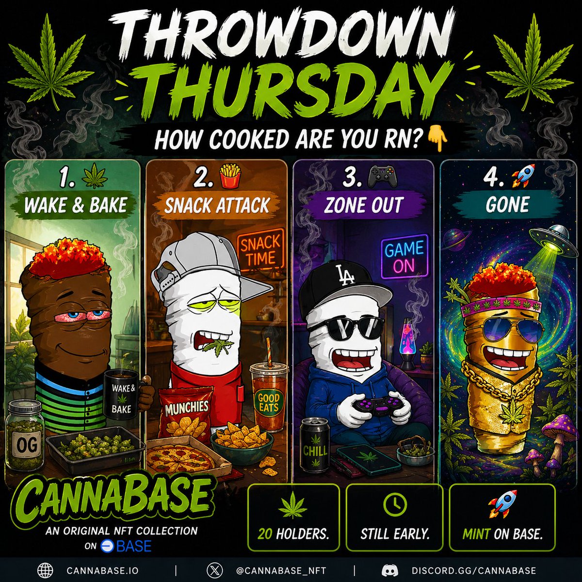 CannaBase_420's tweet image. which one are you today? 💚🌿💨💨💨

🟢 Live mint: cannabase.nfts2.me
🔵OpenSea:opensea.io/collection/can…

#NFTCommunity #mmemberville #stonerfam #weedtwt #NFT #Base #artist