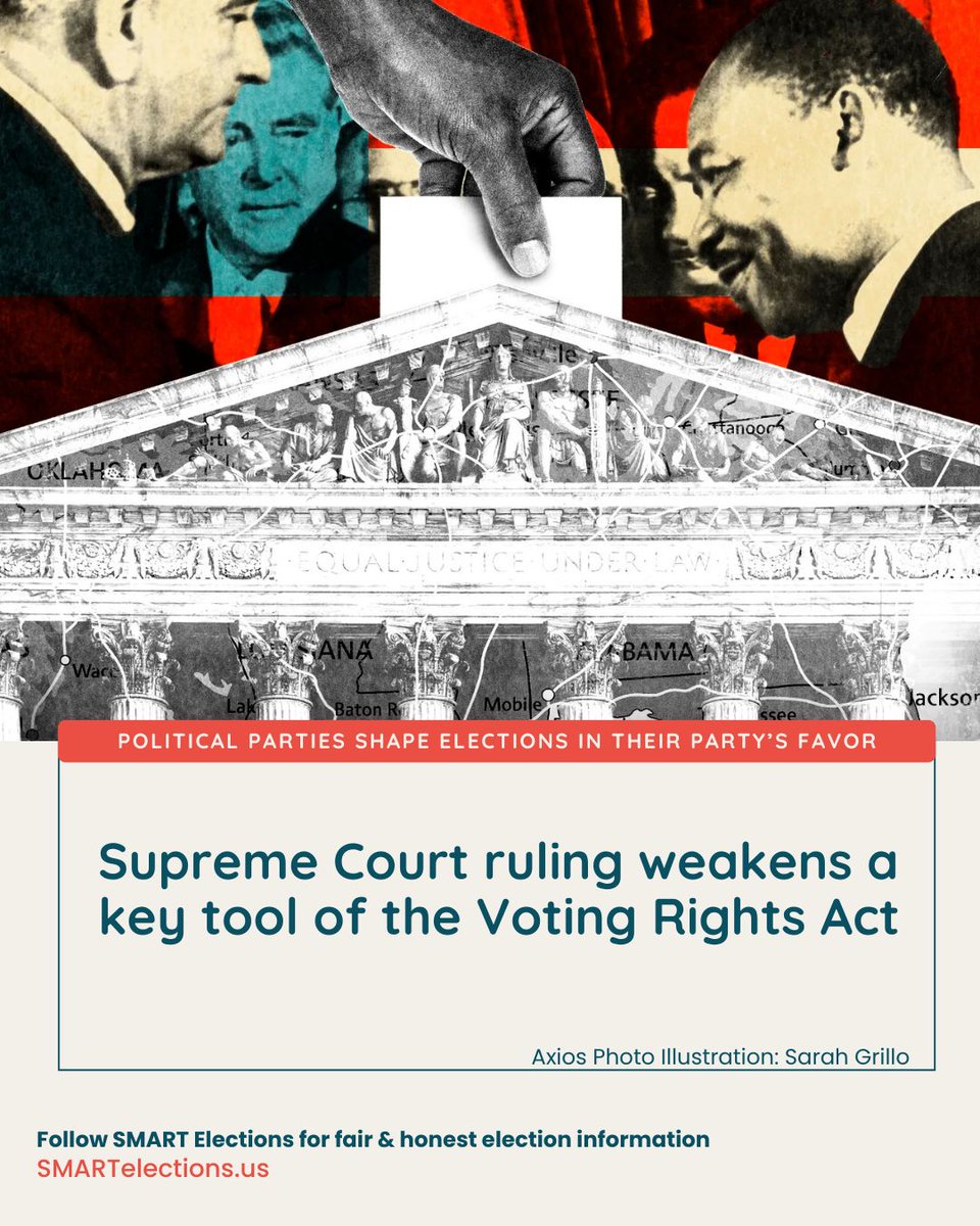 SMART_elections's tweet image. The #SupremeCourt eliminated the last major provision of the 1965 #VotingRightsAct in the case of Louisiana v #Callais. This could eventually affect as many as 70 of the 435 House seats. It's immediate impact on the #midterms remains to be seen.
tinyurl.com/SCOTUSVotingRi…