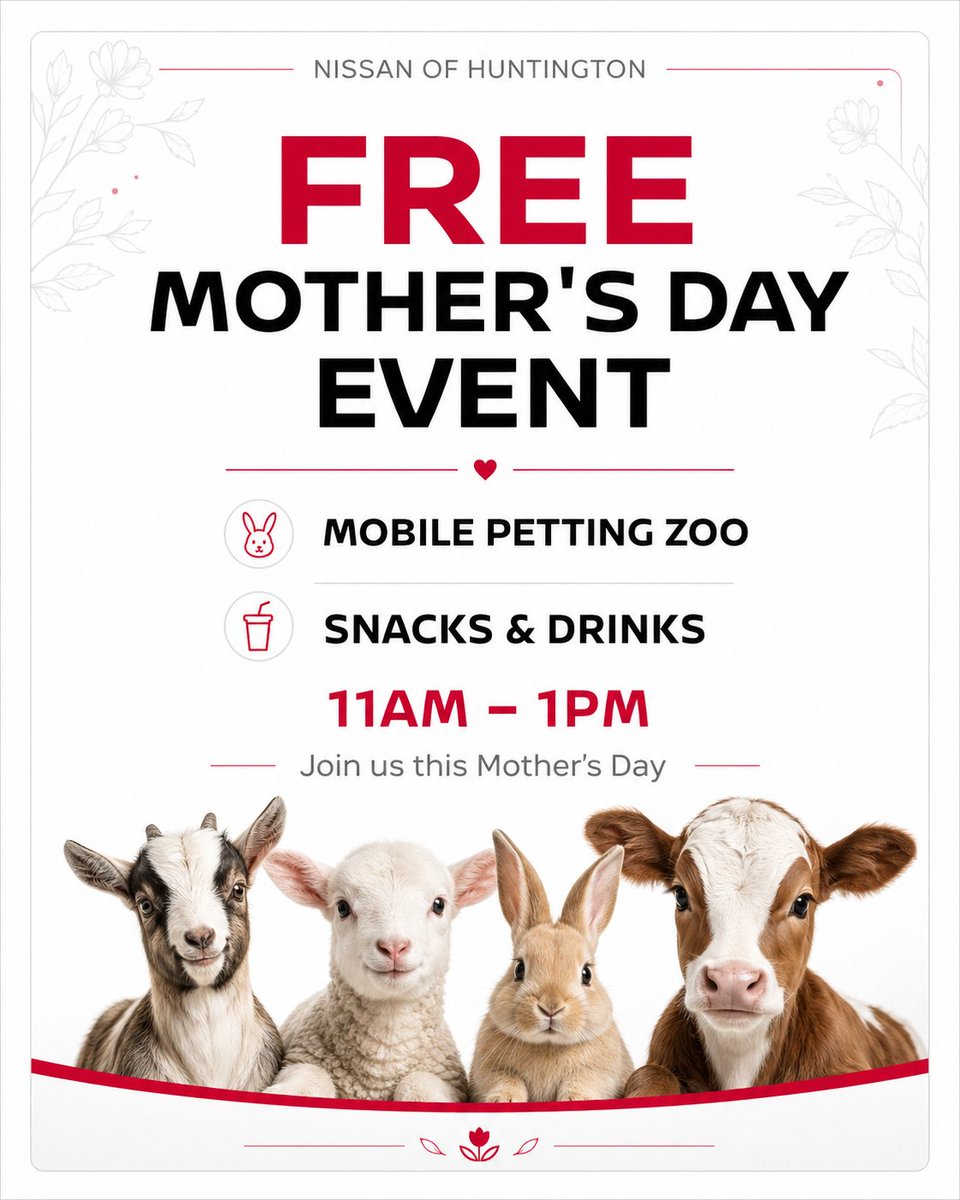 NissanofHunting's tweet photo. Bring Mom, bring the kids, and join us for a FREE Mother’s Day Event at Nissan of Huntington!

Enjoy a mobile petting zoo, snacks, drinks, and a fun family day on May 10 from 11AM to 1PM.

850 E Jericho Tpke, Huntington Station, NY

Free to attend. We’ll see you there! 💐🐐❤️ https://t.co/VVytjOBDdo
