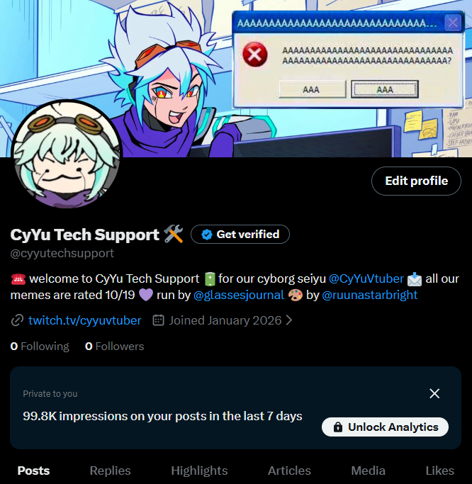 whoops my <a href="/CyYuVtuber/">CyYuVtuber 3.0: Tech Support Arc</a> fan account got suspended so it'll be down until i can hopefully get it back (i sent in an appeal)! if not i'll be remaking a new one in the future, sorry y'all! 💛