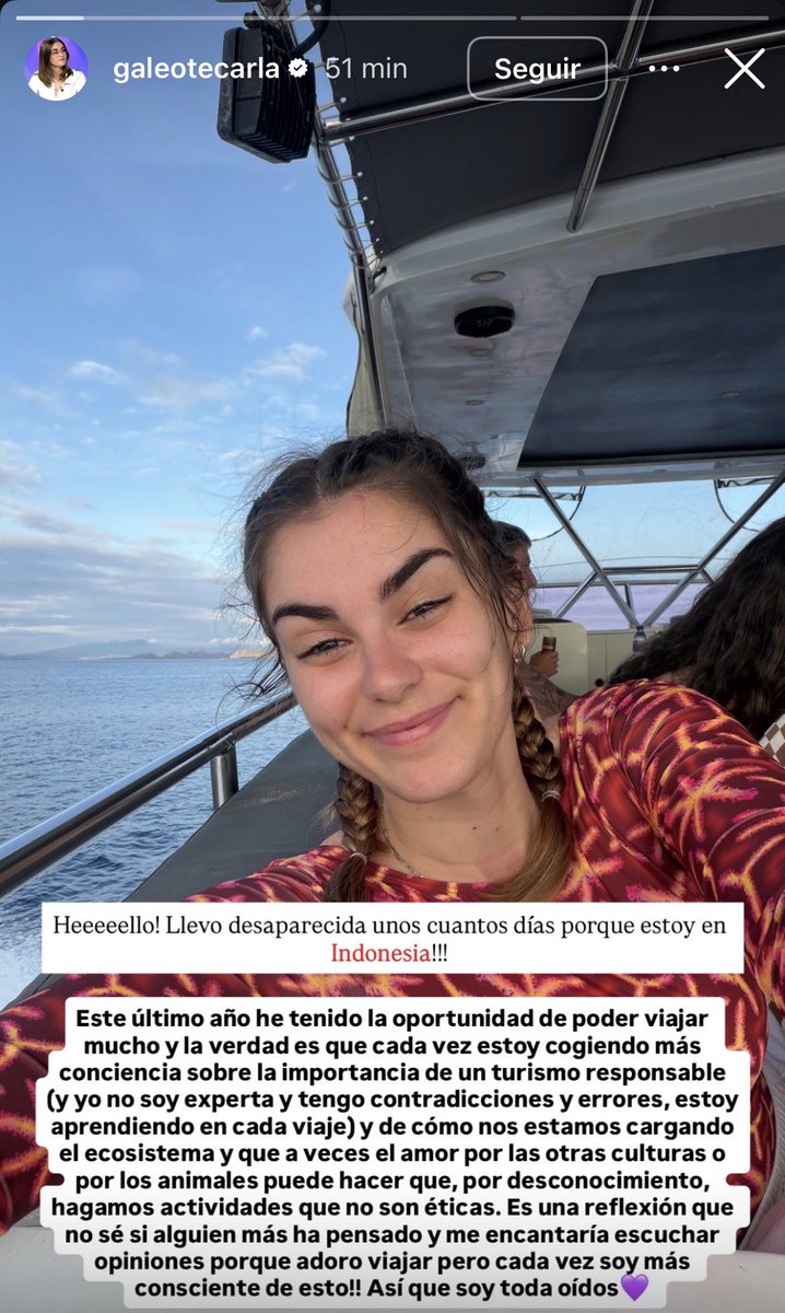 Viajar está mal porque nos cargamos el ecosistema y lo del cambio climático, no viajéis.

Ah, se me olvidaba, estoy en Indonesia de vacaciones en un yate.
(Carla Galeote)