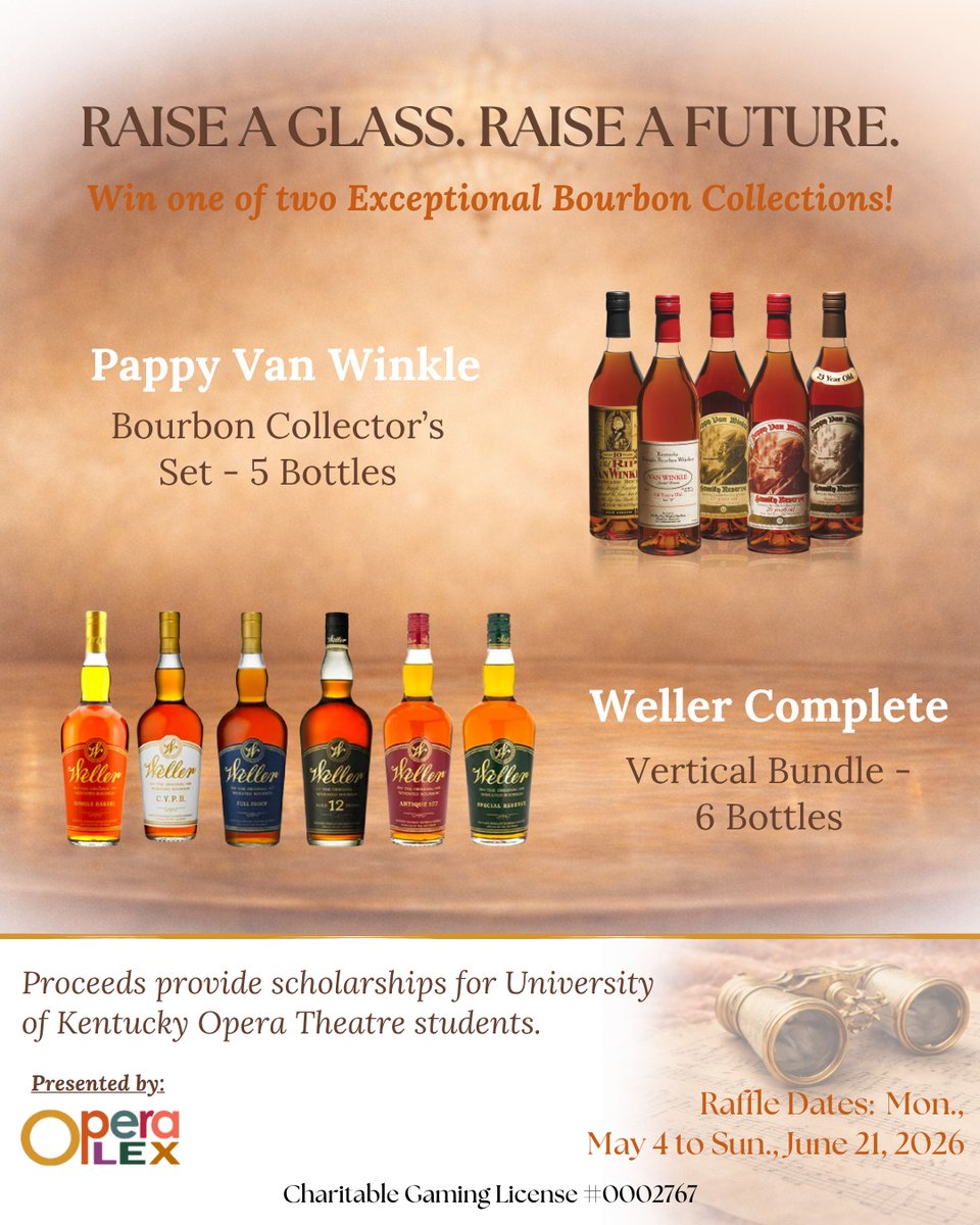 OperaLex859's tweet photo. 🥃 Raise a glass to something bigger.

Enter the OperaLex Bourbon Raffle for a shot at an unforgettable collection—while supporting UK Opera Theatre scholarships.

🎟️https://t.co/ziyDQQuD0k

🗓️ Drawing June 21

#RaiseAGlass #OperaLex #BourbonRaffle #SupportTheArts https://t.co/sScfJ68Wkd