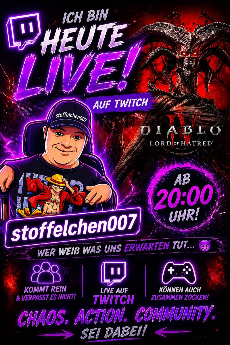 stoffelchen007's tweet image. 🔥 HEUTE AB 20:00 UHR LIVE! 🔥
auf Twitch – stoffelchen007
👉 twitch.tv/stoffelchen007
😈 Diablo Vibes | Chaos | Action
Wer weiß, was uns erwartet…
👉 Kommt rein – NICHT VERPASSEN!
🎮 Community zocken möglich!

#gaming #twitchtv #streamer