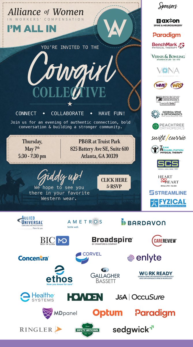 allianceofwomen's tweet image. 📢 Upcoming Event: I’m ALL IN: Cowgirl Collective
📅 May 7, 2026, 5:30 - 7:30 PM EST
📍 Atlanta, GA
📲 Register now at lnkd.in/eq8d6qhz

#AllianceWC26 #events #workerscompensation #riskmanagement #womenininsurance