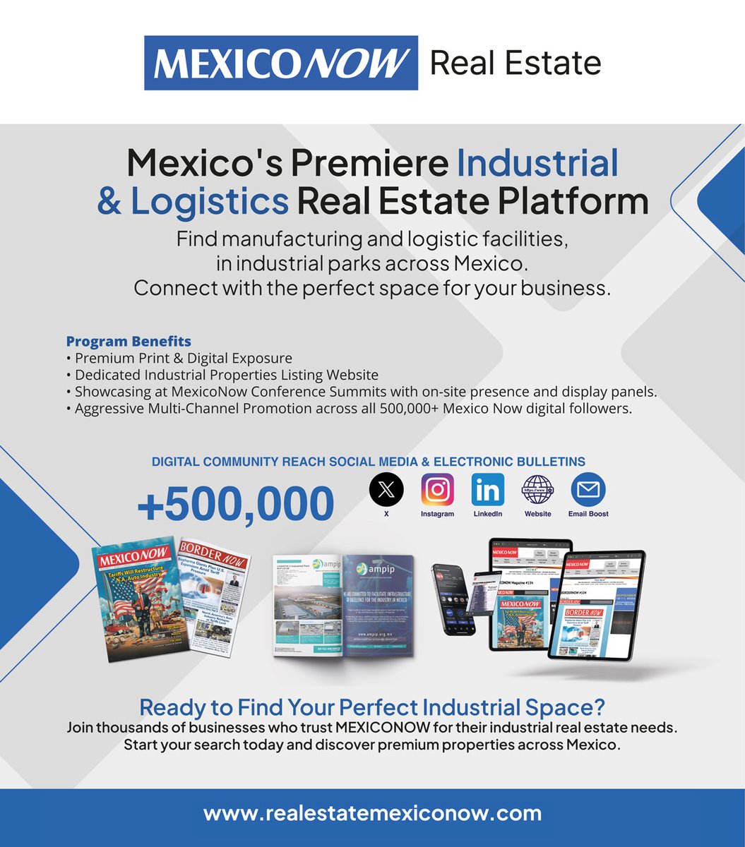 OnlineMEXICONOW's tweet image. Grow your business in Mexico with MEXICONOW! 🚀

📦 Top Industrial &amp;amp; Logistics spaces 
📢 Print + Digital exposure 
🤝 Access to 500k+ professionals 
📍 Presence at global summits
Start your search today: 
🔗 realestatemexiconow.com
#Nearshoring #Logistics #B2B #Mexico