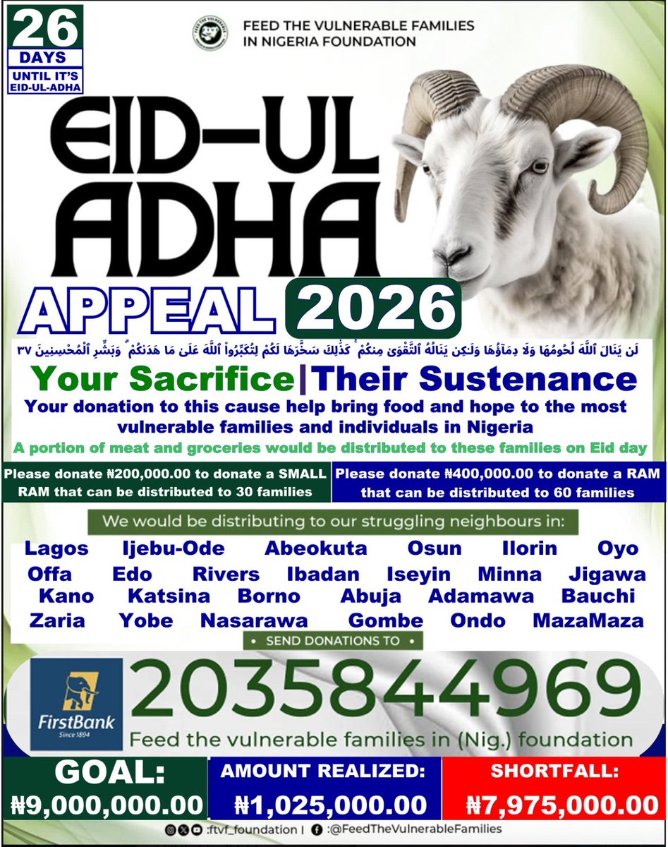 FTVF_Nigeria_F's tweet photo. Strive daily to be a source of hope and relief to those around us who are counting on the generosity of the Ummah

2035844969
First Bank Plc
Feed the Vulnerable

May Allah [swt] accept our good deeds as an act of Iba'adah

Jazakumula khairan as you donate &amp; help share this flyer https://t.co/K5iIEZCvYK