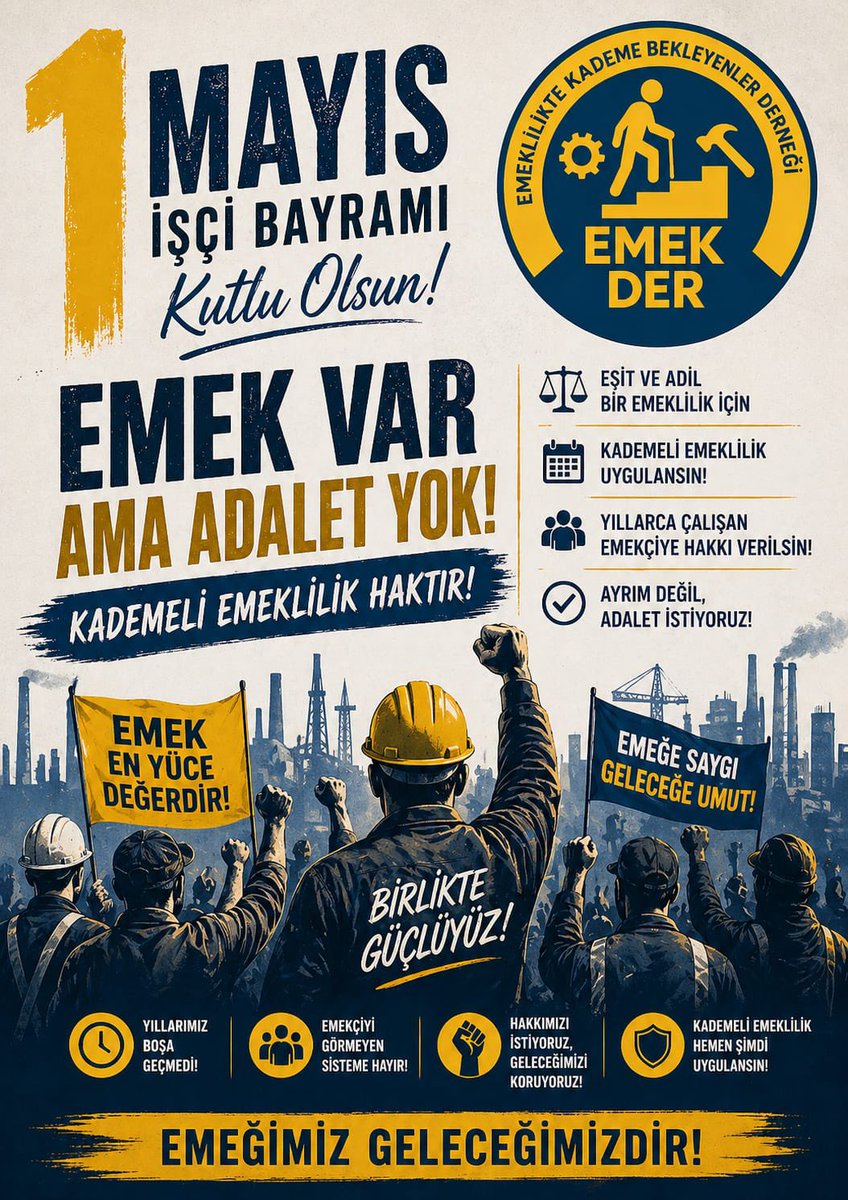 EmekDerResmi's tweet photo. 1 Mayıs Emek ve Dayanışma Günü;
alın terinin, emeğin ve hak mücadelesinin en anlamlı ifadesidir. #1Mayıs 

Bugün; üreten, çalışan, ülkenin yükünü omuzlayan milyonların
adalet, eşitlik ve hakkaniyet talebini bir kez daha güçlü şekilde dile getirdiği gündür.

Ancak biliyoruz ki;
emeğin değeri yalnızca çalışma hayatında değil,
emeklilikte de korunmak zorundadır.

EYT sonrası ortaya çıkan tablo,
aynı emeği veren milyonlar arasında derin bir adaletsizlik oluşturmuştur.
Bu adaletsizliğin giderilmesi artık bir tercih değil, zorunluluktur.

EMEK-DER olarak;
çalışma süresini ve ödenen primi esas alan,
adaletli, sürdürülebilir ve kapsayıcı bir sistem olan
prim esaslı kademeli emeklilik modelini savunmaya kararlılıkla devam ediyoruz.

Çünkü emek;
bir tarihle sınırlandırılamaz,
bir gün farkla yok sayılamaz.

Tüm emekçilerin 1 Mayıs Emek ve Dayanışma Günü’nü kutluyor,
emeğin hakkının teslim edildiği, adaletin tesis edildiği bir gelecek için
mücadelemizi sürdüreceğimizi kamuoyuna saygıyla duyuruyoruz.

@herkesicinCHP @MHP_Bilgi @Akparti @zaferpartisi @iyiparti @SaadetPartisi @devapartisi
@gamzetascier  @AKDOGANumut  @ulasskarasu   @AVBakirlioglu
@eczserkansari @nail_ciler @ipekozkal @SBugraKavuncu @ayyuceturkestas @muratemirchp @Emegin_Halleri @diskinsesi @iletisim @tcbestepe @mahmutarikansp   @erdinctelatar @umitozdag  @MhpTbmmGrubu @YildizFeti @dbdevletbahceli  @SibelSuicmez 
@harunyildizli1 @fethigurer
@UgurBayraktutan @tahsinocakli @nimetozdemir34 @eczburhan
@NumanKurtulmus @deryaavci76
@avabdullahguler
@akbasogluemin
@RTEdijital @csgbakanligi
@RTErdogan @isikhanvedat
@memetsimsek
@tcbestepe @omerrcelik
@KademeFed
@EmekDerResmi
@ETTDER1999

#EmekçiKademeBekliyor
#1Mayıs
#EmekDer