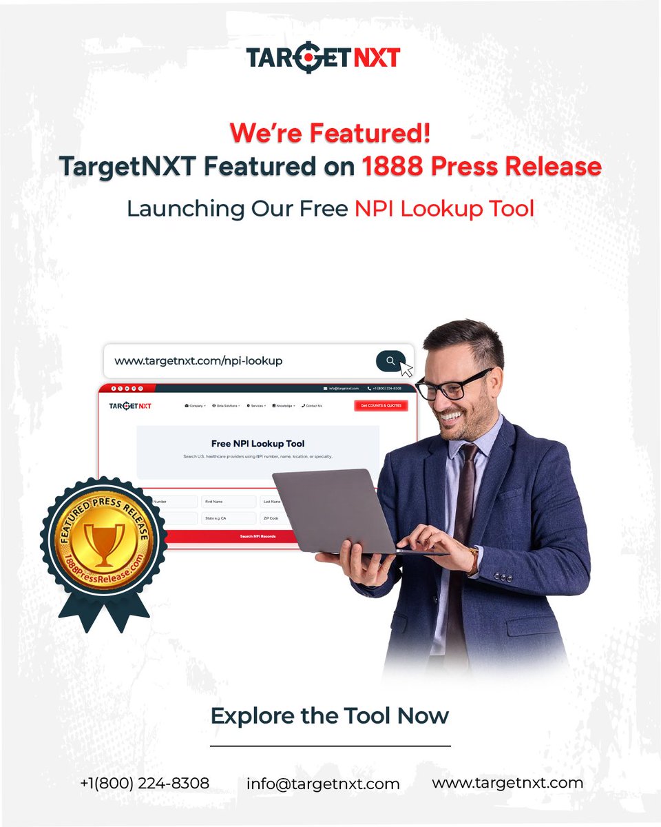 TargetNXT's tweet photo. Weβre proud to be featured on 1888 Press Release
Our Free NPI Lookup Tool is now live helping businesses search and verify U.S. healthcare providers in seconds
Simple Accurate Free
Try it now
https://t.co/dnQsyz68qA
#targetnxt #npilookup #healthcaredata #datadriven #b2bdata https://t.co/pfkQeDi9mi