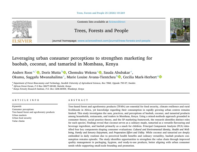 africanff's tweet photo. New publication alert!

“Leveraging Urban Consumer Perceptions to Strengthen Marketing for Baobab, Coconut &amp; Tamarind in Mombasa, Kenya”

🔗 https://t.co/8eFSgkGlZt

#Agroforestry #UrbanFoodSystems #Africa https://t.co/I8e9N805Kq