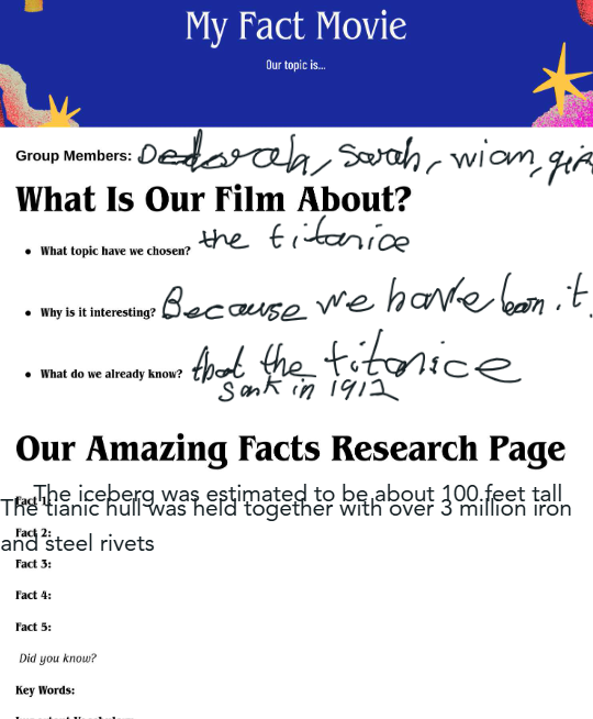 StBernardsPS's tweet photo. 🎬⚓ This afternoon, P6 completed planning and scripting their Titanic Fact Film Shorts! From researching interesting facts to picking our Film Crew job. Production begins soon!🌊🛳️✨
#FilmAndScreen  #CreativeLearning #P6Filmmakers #LearningThroughFilm https://t.co/Y1jyl6wSC8