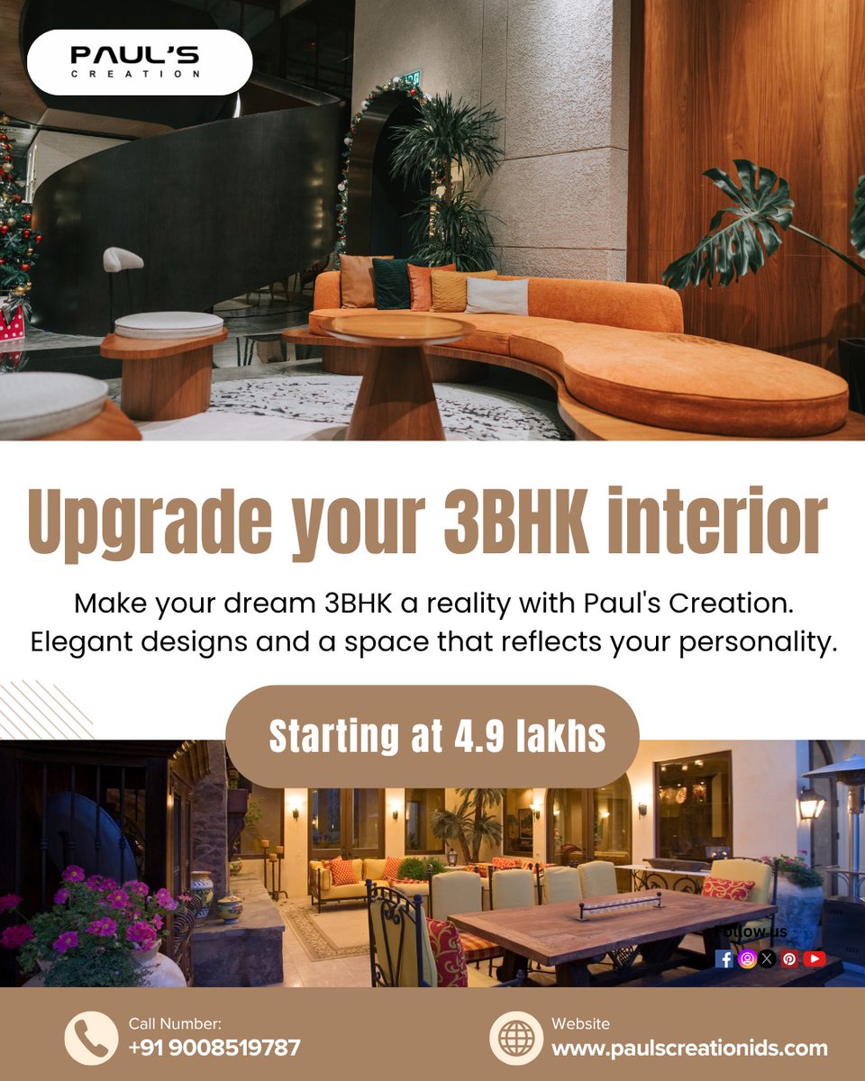 paulscreationid's tweet image. Designing spaces that reflect comfort and style, Paul’s Creation is the leading residential interior designers in Bangalore. 
+91 9008519787
paulscreationids.com
maps.app.goo.gl/E5nRhCpeYo8Gn3…
#paulscreation #Bangalore #interiordesign #3bhk #homedecor #modernhomes #luxuryinteriors