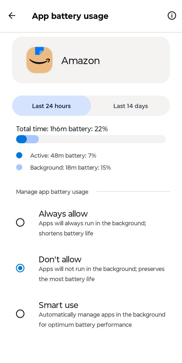 jaysoni's tweet photo. @amazonIN I'm seeing an unusually high battery drain by the @amazon app despite disabling the background use! How is the app running in the bg when the permission is denied? And why is it 15% in 18mins? https://t.co/g9V4zF3Jpp