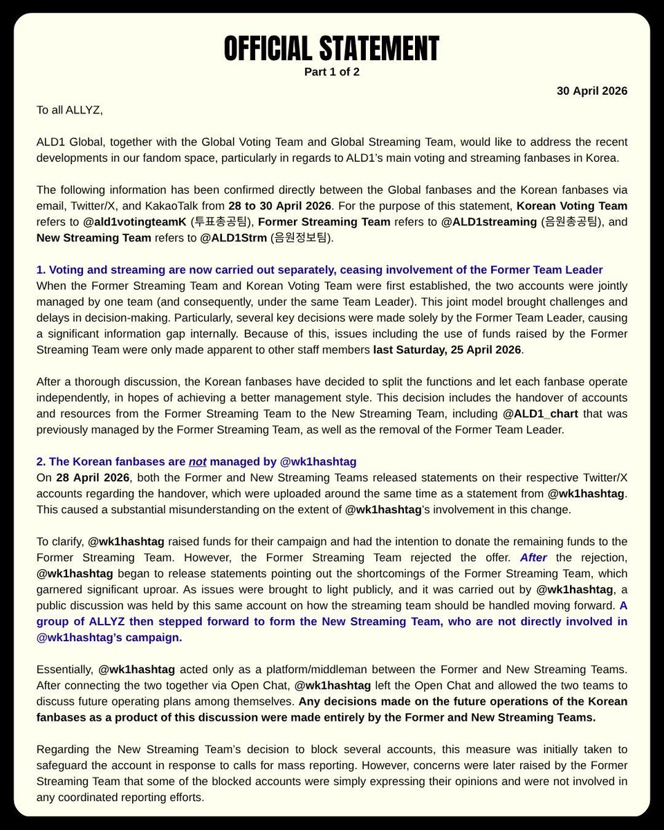 ALD1_fess's tweet photo. allyz! udah baca ini belum? tolong dibaca ya. semoga statement dari ald1global bisa meluruskan salah paham kemarin. jangan mudah menuduh tanpa bukti akun streaming &amp; voting penting banget buat comeback. semoga segera balik &amp; kita fokus dukung member semangat buat comeback nanti❤️ https://t.co/8fCODlkgxO