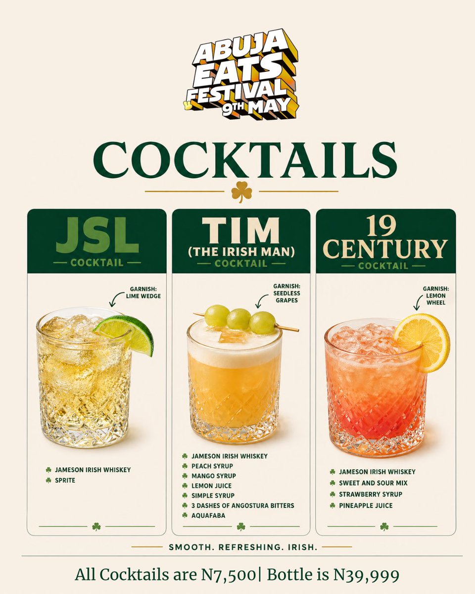 Abujaeats's tweet photo. Pick your fighter 

JSL 🍋 TIM (The Irish Man) 🍇 19 Century 🍓

All cocktails go for ₦6,500 Full bottle? ₦39,999
Don’t think too long… just pull up next week😏 #AbujaEatsFest #abuja https://t.co/E1LIledclG