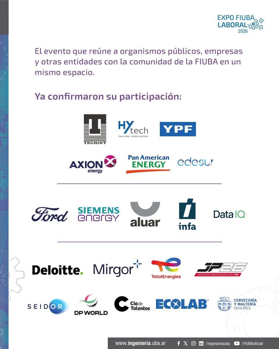 ingenieriauba's tweet image. ➡️ Deslizá y conocé qué organismos públicos y empresas van a formar parte de este evento de la FIUBA.

#UBA #FIUBA #Ingeniería #EducaciónPública #ExpoLaboral