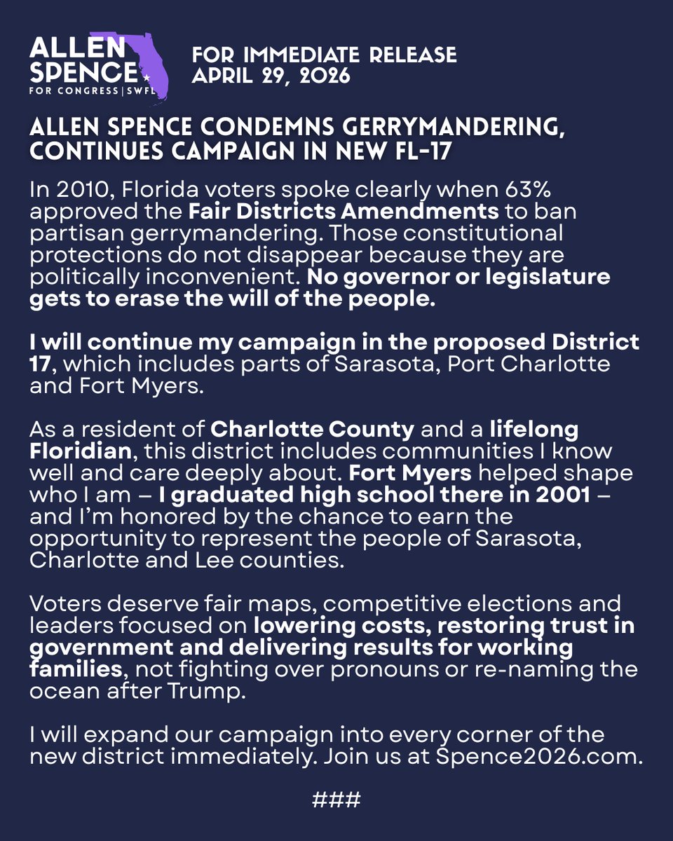 AllenSpence2026's tweet photo. My statement on Florida's partisan redistricting ⬇️ https://t.co/u66YlOs5je