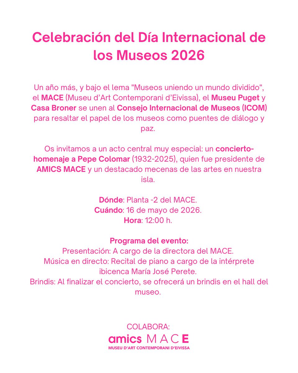 amicsmace's tweet photo. ¡Celebramos el Día Internacional de los Museos!

🏛️El sábado 16 de mayo a las 12:00 h, el MACE te invita al concierto-homenaje a Pepe Colomar, figura clave de la cultura en nuestra isla.

 🎹 Recital de piano: María José Perete.
🥂 Brindis final en el hall.

 ¡Te esperamos! https://t.co/1sSvmLL3xs