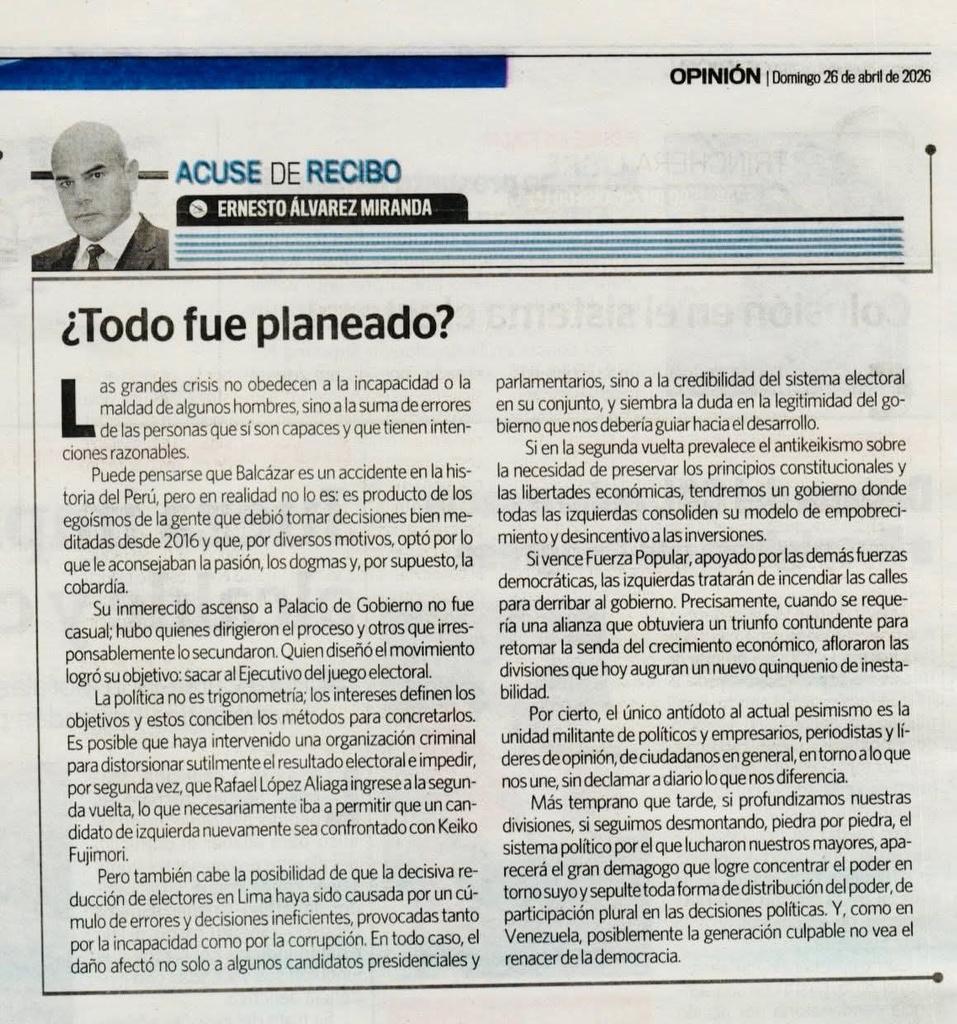 🚨 **¡TODO FUE PLANEADO, PERÚ!**  

Ernesto Álvarez Miranda lo denuncia con claridad: el ascenso de Balcázar no fue casualidad. Fue el resultado de egoísmos, errores deliberados y **posibles organizaciones criminales** que distorsionaron el proceso electoral desde 2016 para sacar