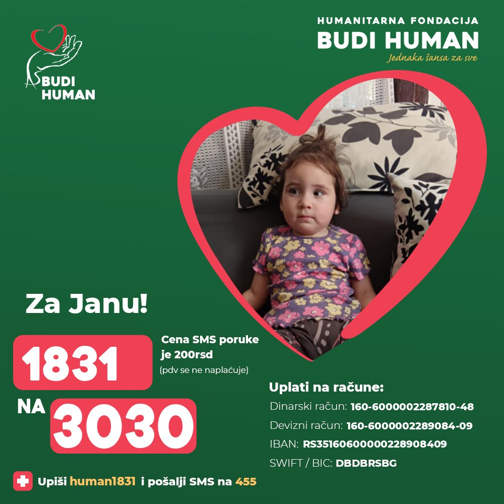 Pomozimo Jani!

Upišimo 1831 i pošaljimo SMS na 3030

budihuman.rs/korisnik/1831/…

#budihuman #jednakašansazasve #podeli #janamihajlović