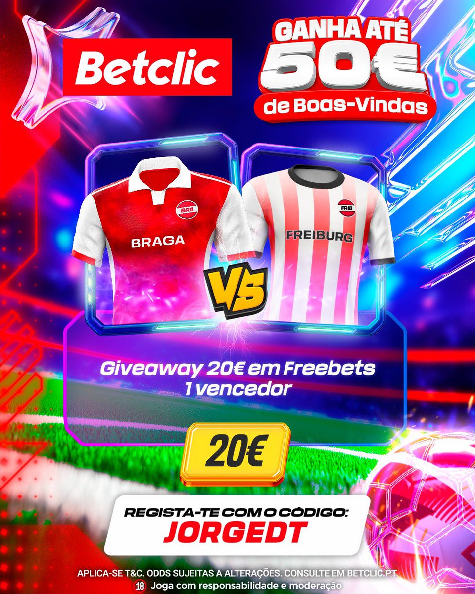 GIVEAWAY 🚨
O Braga vai ter a 1.ª mão da meia-final e vamos dar 20€ a um de vocês que acertar 1 marcador do jogo 👀

Para participar:
-Seguir a <a href="/BetclicPortugal/">Betclic Portugal 🔞</a> 
-Dar like e rt
-Comenter username + marcador 

1 comentário por pessoa até às 20h! Boa sorte ✅💪🏼