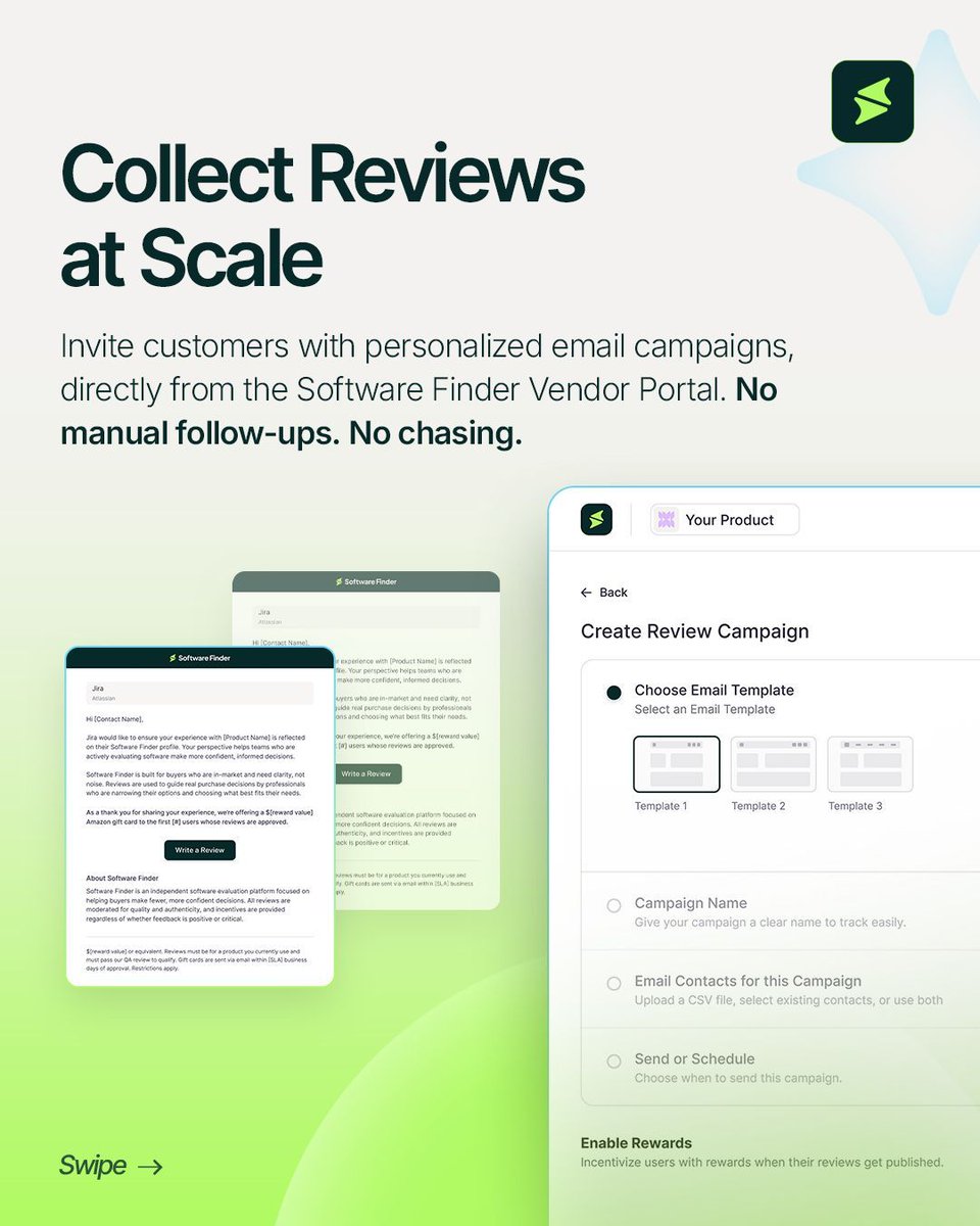 Softwarefinder2's tweet photo. Buyers don't hesitate because of your product, they hesitate because they’re missing the proof they need to trust it.
 
With Software Finder Review Campaigns, you can effortlessly collect authentic customer feedback through streamlined outreach, simple contact management, and engagement-driven incentives, helping you turn real experiences into real confidence.
 
Start building trust that converts. Launch your Review Campaign today.