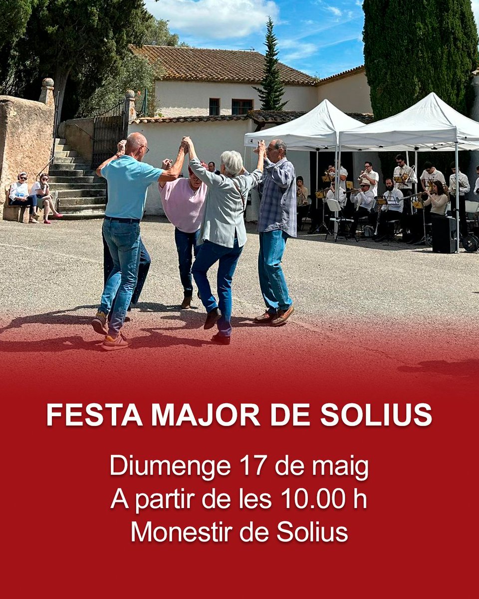 SantaCristinaAJ's tweet photo. 🎉 Festa Major de Solius

📅 Diumenge 17 de maig
📍 Monestir de Solius

🗓️ Programació:
⛪ 10.00 h – Missa solemne
💃 11.30 h – 1/2 audició de sardanes amb la cobla Rossinyolats
🥂 En acabar – Aperitiu per a tothom

No hi falteu!

#SantaCristinadAro #Solius #FestaMajorSolius https://t.co/5YESyZV4aV