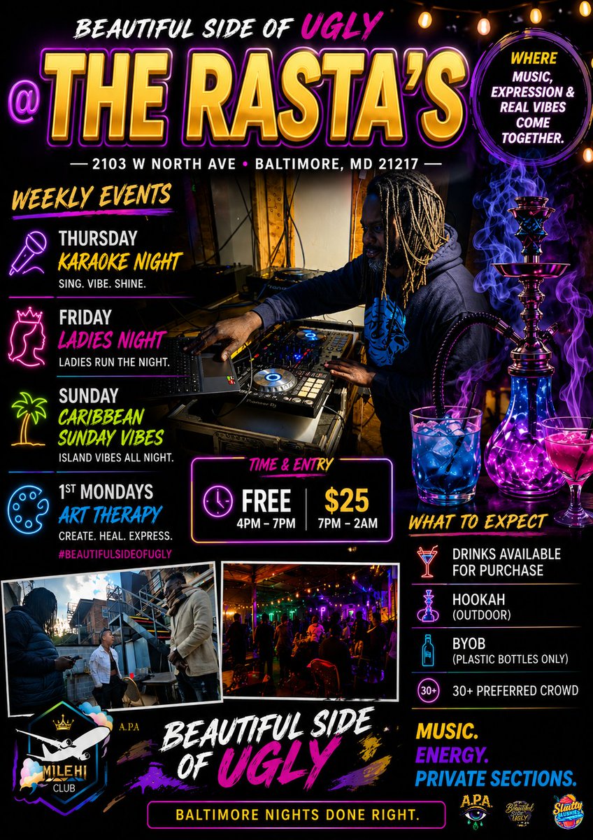 Zuis0520's tweet image. BEAUTIFUL SIDE OF UGLY KARAOKE GAME NIGHT @ The Rasta's 2103 W NORTH AVE . BALTIMORE, MD 21217
nights will be 
- Thursday Karaoke 
- Friday Ladies Night
- 1st Mondays Art Therapy #BeautifulSideOfUGLY #MyBmore #ArtTherapy #CulturalHealing #BeautifulSideOfUGLY #CreativeWellness
