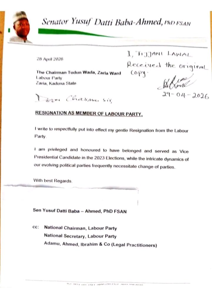 ADCVanguard_'s tweet photo. JUST IN: Dr Yusuf Datti Baba-Ahmed has formally resigned from the Labour Party. We wish him all the best in his political journey ahead and appreciate his contributions, engagement, and commitment during his time with the party. Politics is a journey of choices, and we respect his decision as he moves into a new chapter.