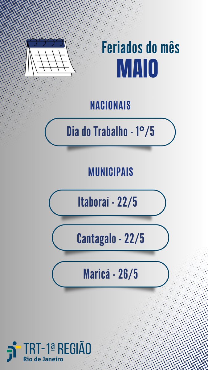 Confira os feriados de maio de 2026 no TRT-RJ -> tinyurl.com/mtm7632v

#TRTRJ #JustiçadoTrabalho