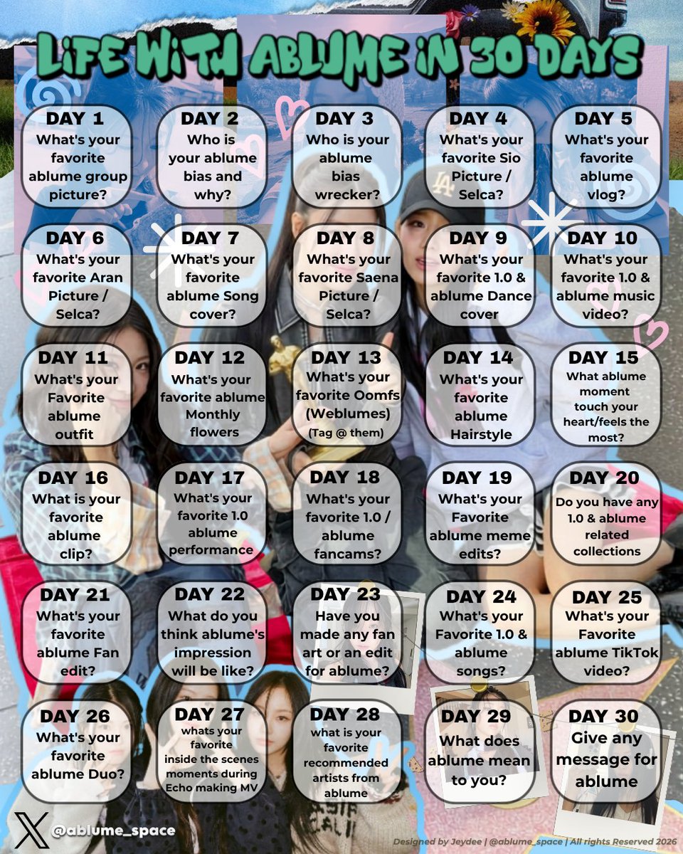 ablume_space's tweet photo. ⊹✦ 𝙇𝙞𝙛𝙚 𝙒𝙞𝙩𝙝 𝙖𝙗𝙡𝙪𝙢𝙚 𝙞𝙣 30 𝘿𝙖𝙮𝙨

✧ 𝘿𝙖𝙮 1 — "What's your favorite ablume group picture?"

#ablume #어블룸 #LifeWithablumeIn30Days
@ablume_twt @ablume_official https://t.co/pLfnl52a9R