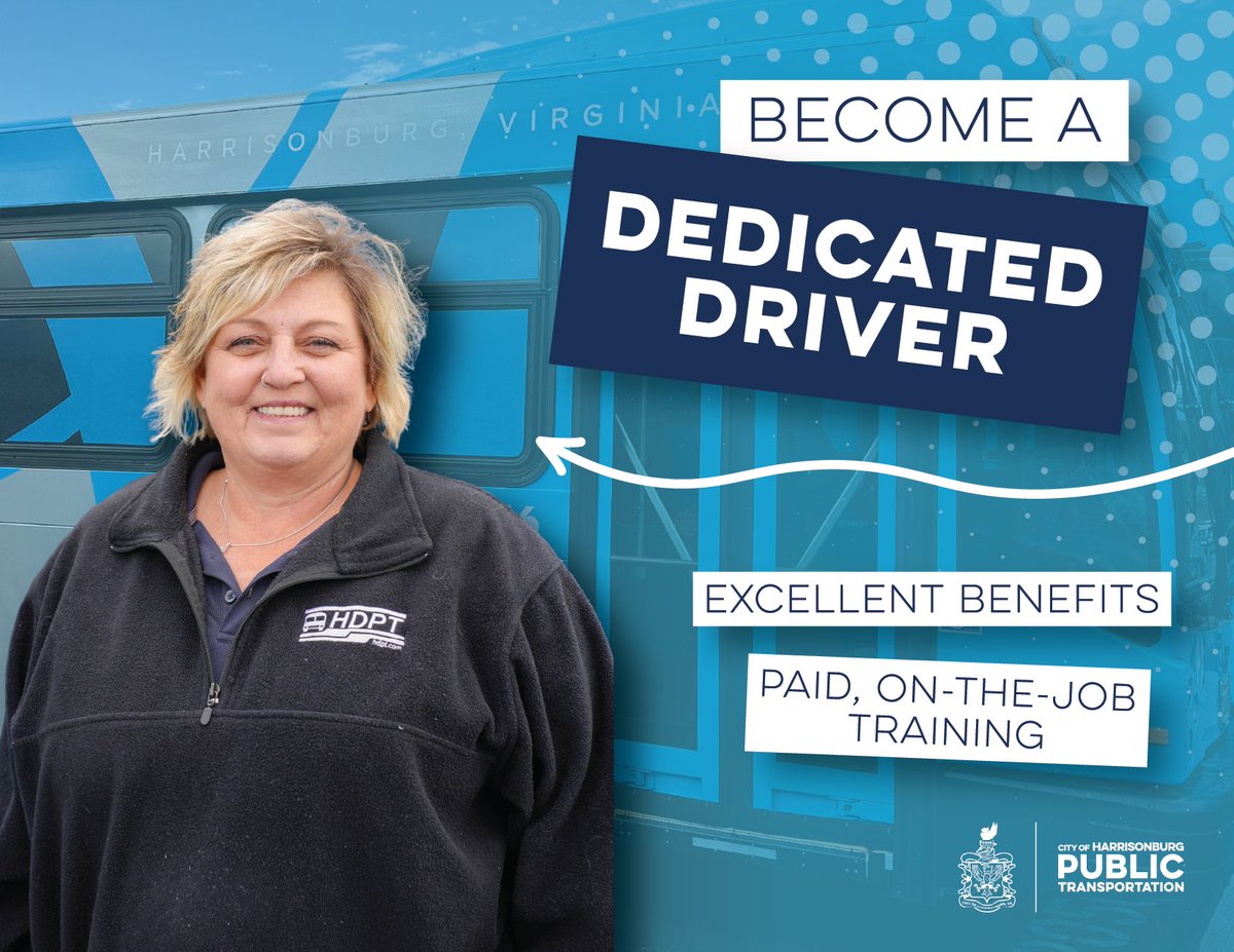 HarrisonburgVA's tweet photo. Use your driving skills to keep Harrisonburg moving! Apply to the @rideHDPT Transit Driver position!
There are both full- and part-time opportunities available with excellent benefits, paid, on-the-job training, and many holidays off throughout the year.
https://t.co/3DakDHoxHh https://t.co/FfTg0ipTaE