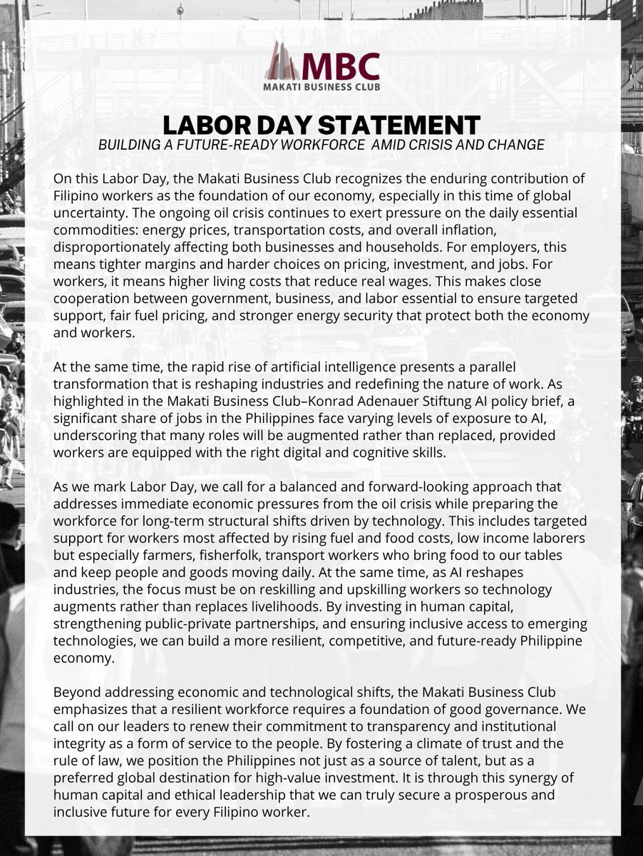 MBCforum's tweet image. On this Labor Day, the Makati Business Club recognizes the enduring contribution of Filipino workers as the foundation of our economy, especially in this time of global uncertainty.

Read the full statement on MBC's website: mbc.com.ph/2026/04/29/mbc…

#MBC #LaborDay  #statement