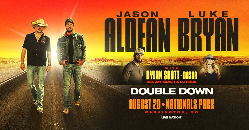 NationalsPark's tweet photo. JUST ANNOUNCED🔥 Jason Aldean &amp; Luke Bryan are bringing the Double Down Tour to Nationals Park on August 20 with Dylan Scott, Dasha, Dee Jay Silver &amp; DJ Rock!

Tickets on sale Friday, May 8th @ 10:00 a.m. https://t.co/GEYuqSMtVI