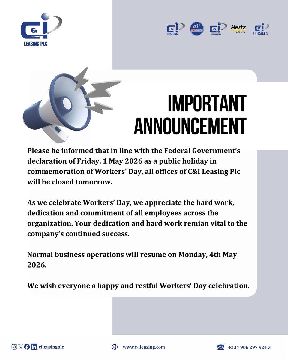 CILEASINGPLC's tweet photo. #cileasing ##publicholiday #workersday https://t.co/FG5vH0Fres