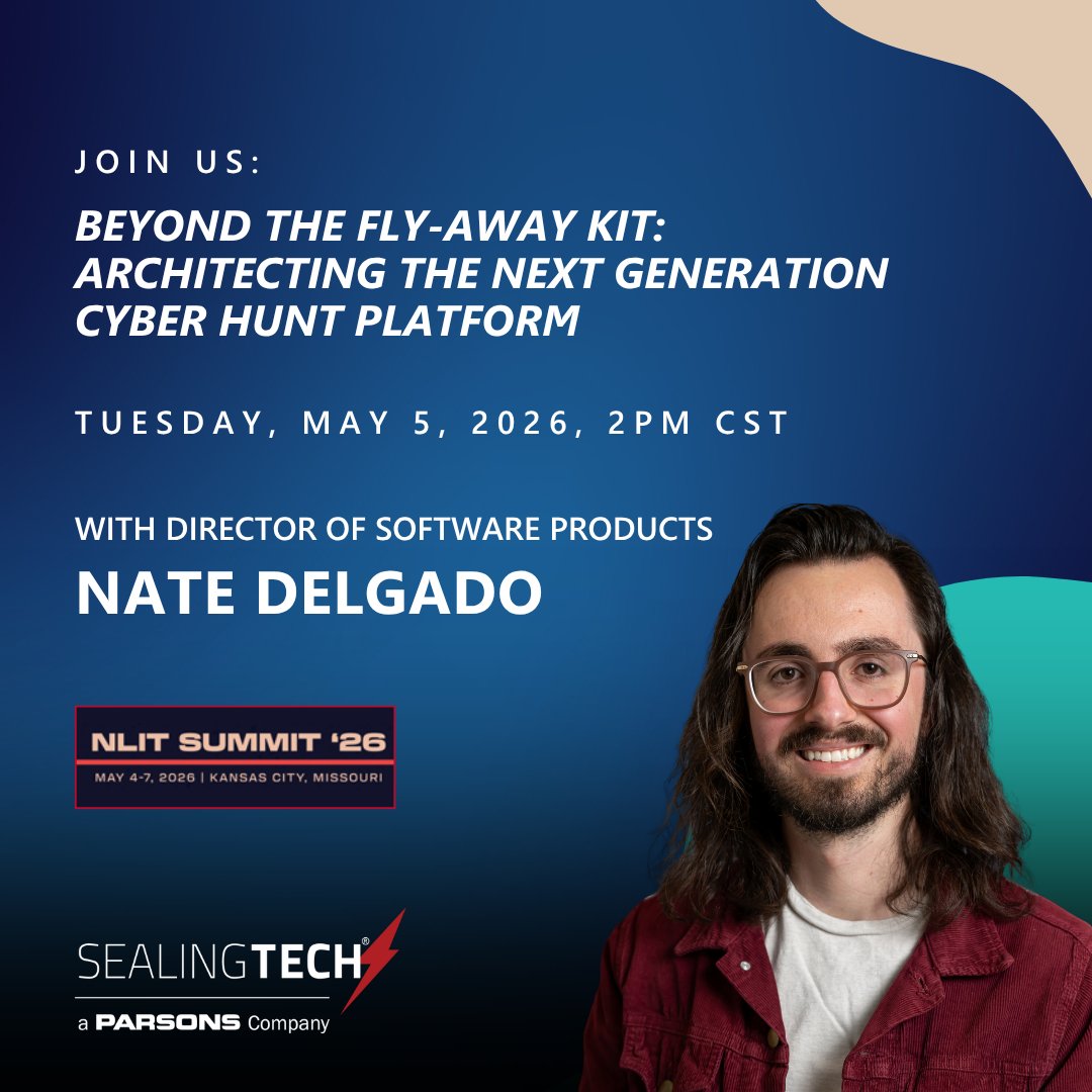 Sealing_Tech's tweet photo. Are you attending the NLIT Summit? Don’t miss SealingTech's Director of Software Products, Nate Delgado, present: Beyond the Fly-Away Kit: Architecting the Next Generation Cyber Hunt Platform. You won’t want to miss it! https://t.co/BCbc3oSF2E