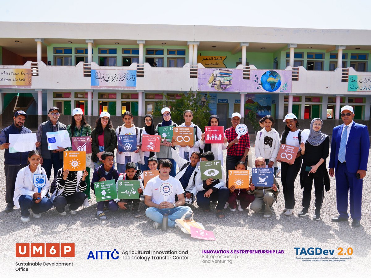UM6P_IE_Lab's tweet photo. On April 27, the UM6P Sustainable Development Office organized a tree planting workshop at Nzalat Laadam school with AITTC and the I&amp;E Lab under the TAGDev 2.0 program. 30 students learned about sustainability and SDGs before planting 92 trees and 100 plants. https://t.co/NSt6gsHCdR