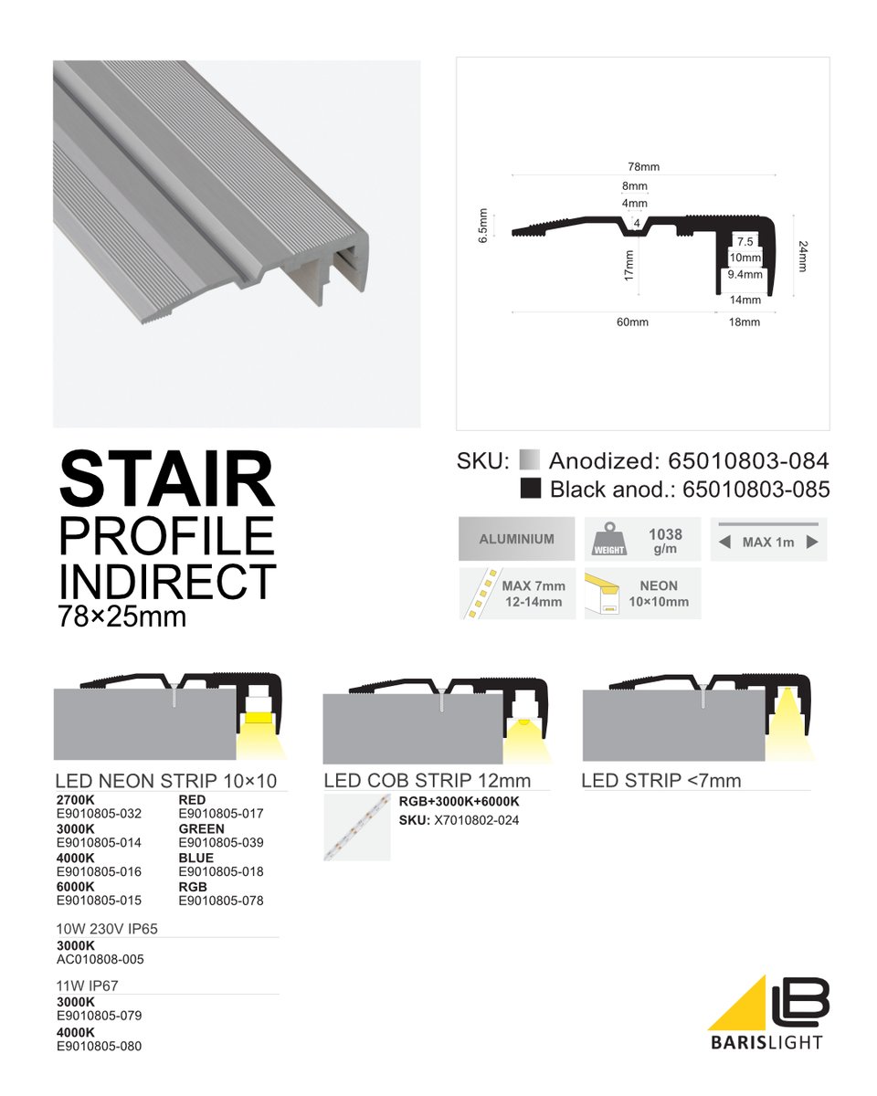 Elevate your architectural lighting with the Stair Profile Indirect 78×25mm — a heavy-duty surface-mounted solution that features a concealed downward-facing light source that creates a soft, glare-free indirect illumination, ideal for modern stair and pathway applications.