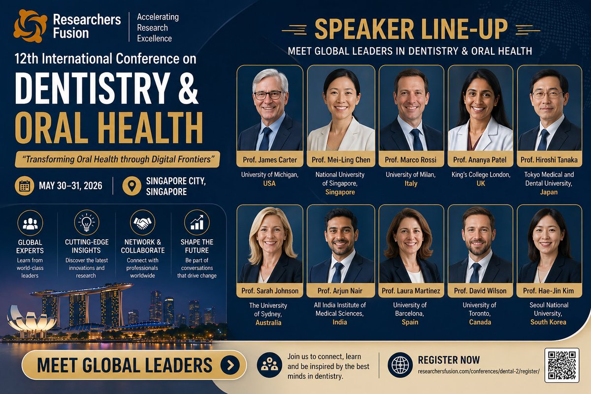 Fedrick28's tweet image. World-class speakers. Global insights. Real impact. 🦷
Join International Conference on Dentistry &amp;amp; Oral Health 2026 and learn from leading voices shaping the future of oral health
📍Singapore | May 30–31
👉Meet global leaders
🔗 researchersfusion.com/conferences/de…

#GlobalExperts #Dentistry