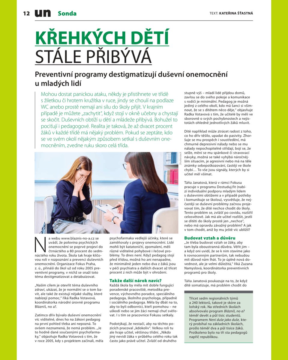 FokusPraha's tweet photo. 📢  V aktuálním vydání Učitelských novin vyšel článek o našem preventivním programu BLÁZNÍŠ? NO A! a službě https://t.co/pVRZ38y4rr.
👏 Děkujeme všem, kteří se podílejí na podpoře mladých lidí při jejich potížích s duševním zdravím. Fakt si toho moc vážíme!
#prevence https://t.co/LIPqE4b3yU