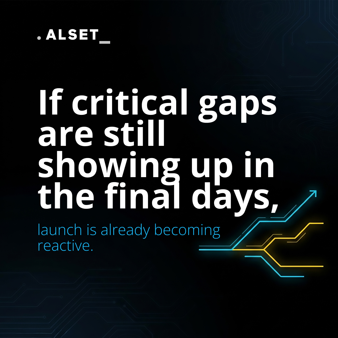 AlsetMX's tweet photo. Launch week is too late to discover what is missing.

If teams are still finding critical gaps in the final days, launch is already turning reactive:
missing validations, unresolved dependencies, environment issues, unclear approvals.

#Alset #ProductClarity https://t.co/9TfKrR13ER