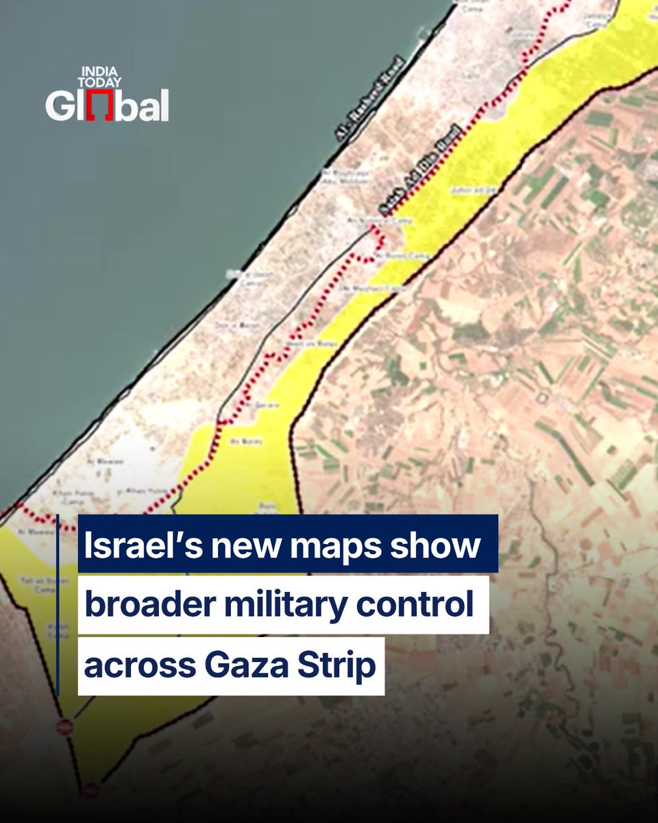 ITGGlobal's tweet image. Israel has expanded military-controlled zones in the Gaza Strip, with new maps showing restricted areas covering nearly two-thirds of the region. 

The move has raised fears among displaced Palestinians.

#Gaza #Israel #MiddleEast #Conflict #HumanitarianCrisis #IndiaTodayGlobal