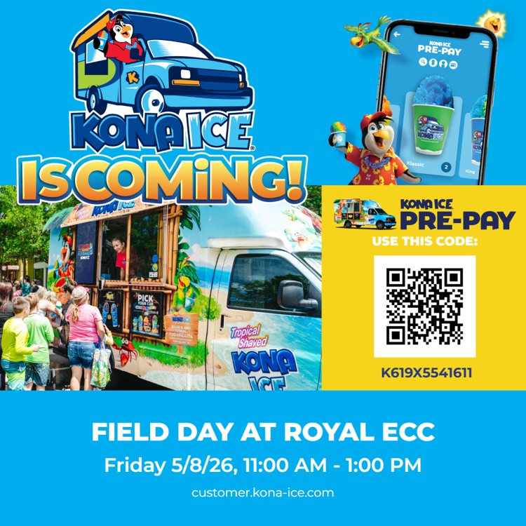 RoyalEarly's tweet photo. Greetings Royal ECC Learning Community! Kona Ice will be at Field Day on May 8, 2026! Parents if you would like for your child to partake in Kona Ice please prepay by scanning the QR Code! Thanks RECC PTA for hosting this event! 🤗❤️💙🍧 #SuccessStartsHereAtRECC  #WeAreRoyal https://t.co/G0Q4Qllpeq